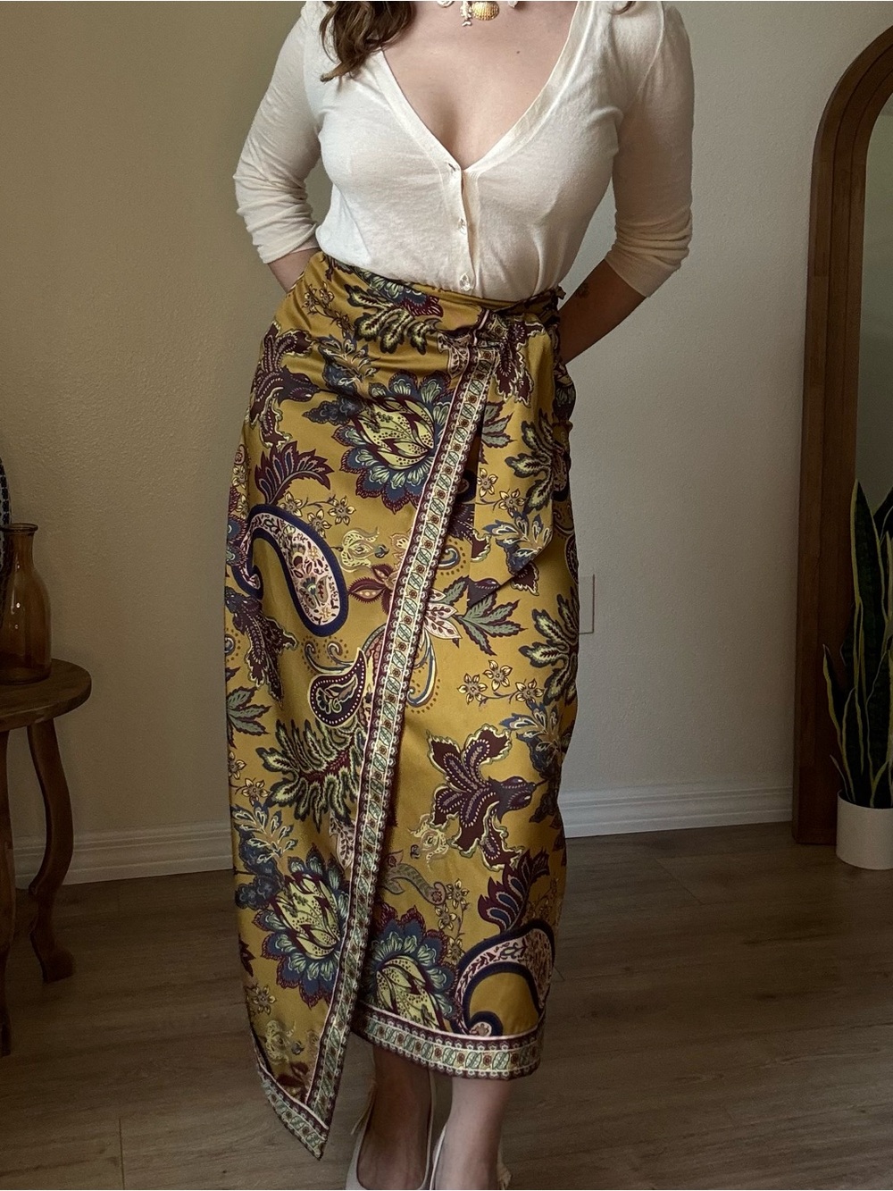 ANTONIO MELANI Mustard Paisley Midi Wrap Skirt with Burgundy Accents